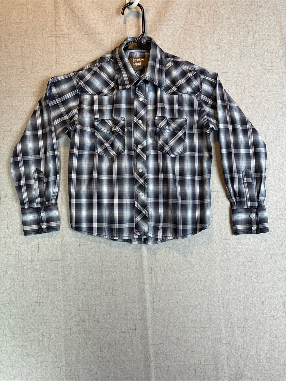 Cowboy Legend Boys Western Shirt M Gray White  Plaid Pearl Snap Long Sleeve